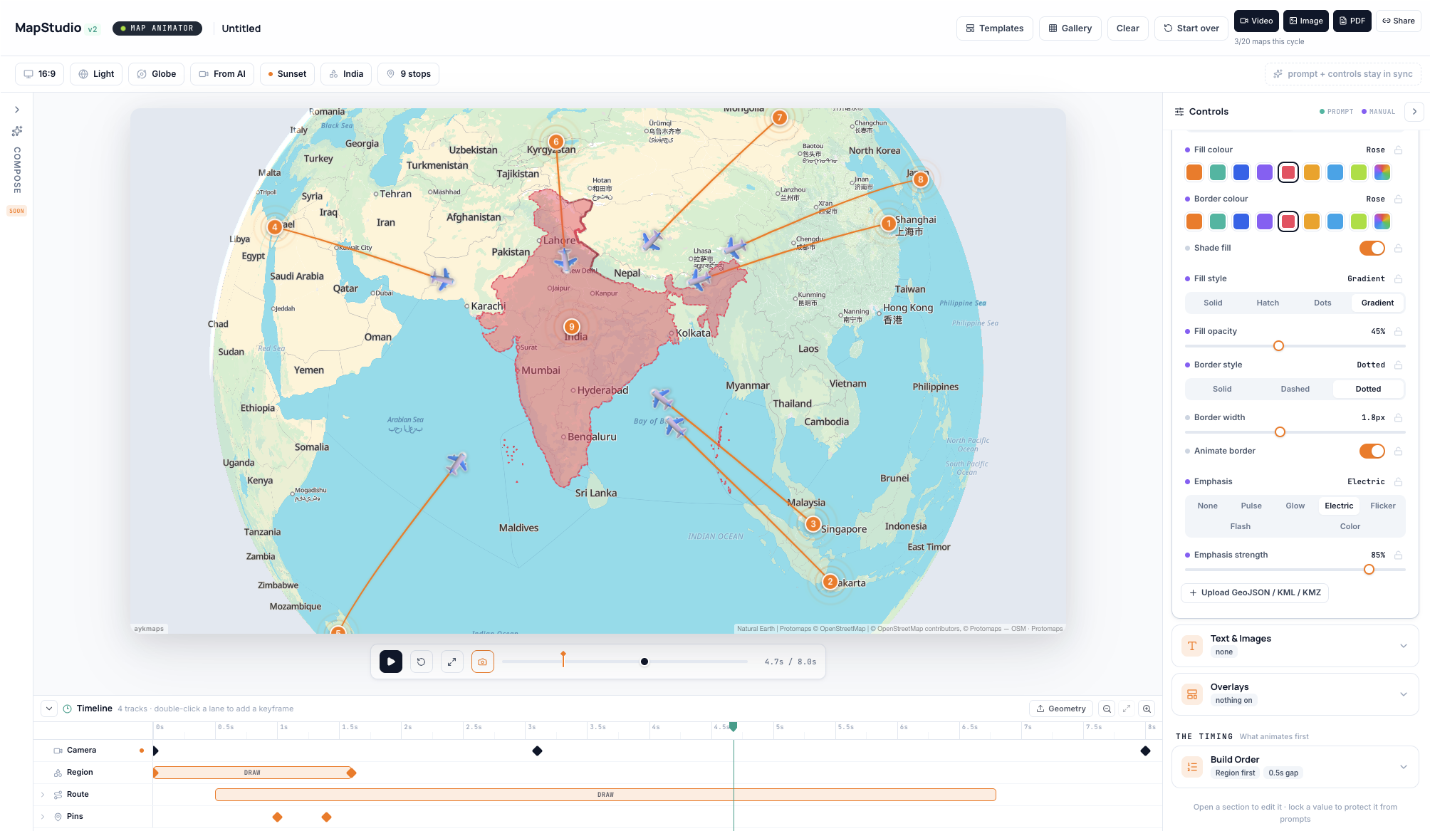 The AYK's Map Studio v2 editor — a live map of India with animated flight routes, a Controls panel on the right and a keyframe timeline below